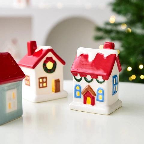 Kerst Keramisch Huis Ornament LED Verlicht Macaron Sneeuwdak Miniatuur Hut Desktop Vakantie Decoratie