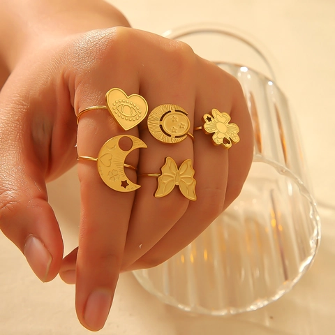 Anelli Aperti Regolabili Vintage Francese Placcati Oro 18K Acciaio Al Titanio Cuore Stella Luna Farfalla Gioielli Donne