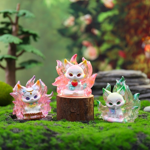 Glowing Multi-Tailed Fox Blind Box Figurine Translucent Resin Kitsune Desk Ornament Mythological Cartoon Lucky Mascot Decoration