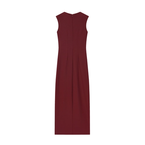 Elegantes Weinrotes Ärmelloses Maxikleid Für Damen Plissee Bodycon Rundhals Seitenschlitz Rückseitiger Reißverschluss