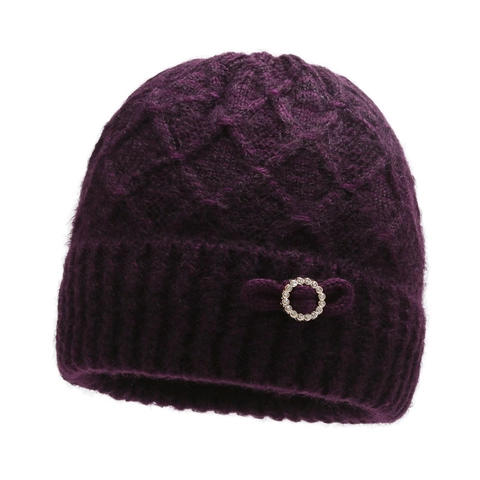Women Winter Knitted Beanie Hat Warm Fleece Lined Thick Cap Rhombus Pattern With Bow Rhinestone Elderly Gift