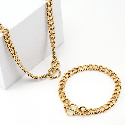 Collier Et Bracelet À Maillons Cubains En Acier Inoxydable Plaqué Or 18K Fermoir OT Bijoux Hip Hop Pour Hommes