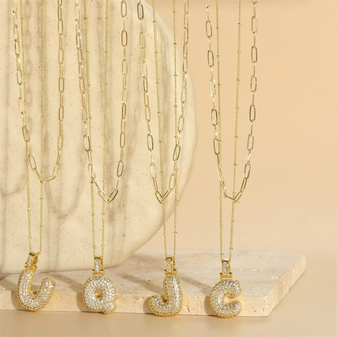 Collier Pendentif Cuivre Zircon Initial Bouffant Double Couche Chaîne Trombone Bijoux Tendances Femmes
