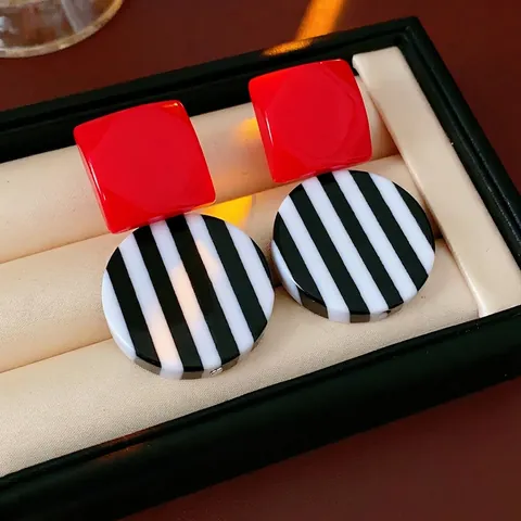 Retro Geometric Dangle Earrings Red Square Black White Striped Resin Jewelry With Silver Earring Post For Women