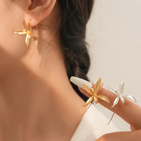 Iris Flower Ear Hook Earrings Vintage Matte Alloy Floral Drop Jewelry With Steel Earring Post For Women
