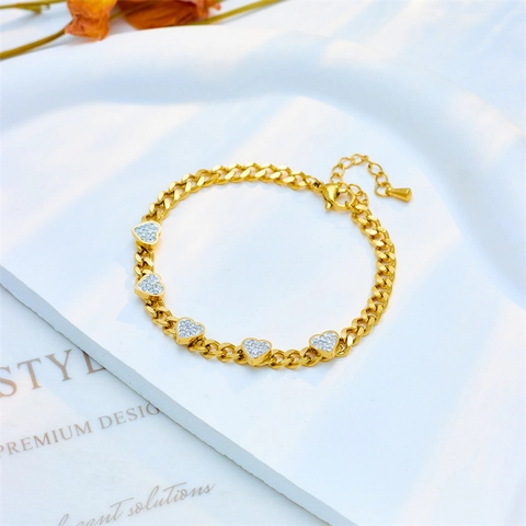 Pulsera con Amuleto de Corazón de Acero de Titanio para Mujer Chapada en Oro Cadena de Eslabones con Strass Blanco Joyería