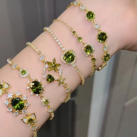 Retro Luxury Copper Bracelet 18K Gold Plated Zircon Green Gemstone Flower Geometric Adjustable Bangle Jewelry For Women