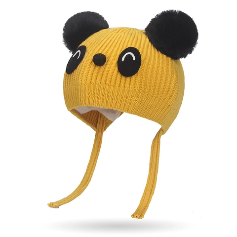 Baby Kinder Winter Warme Gebreide Muts Schattige Cartoon Panda Oorbescherming Beanie Met Pompons Zachte Core-spun Muts Voor Peuters