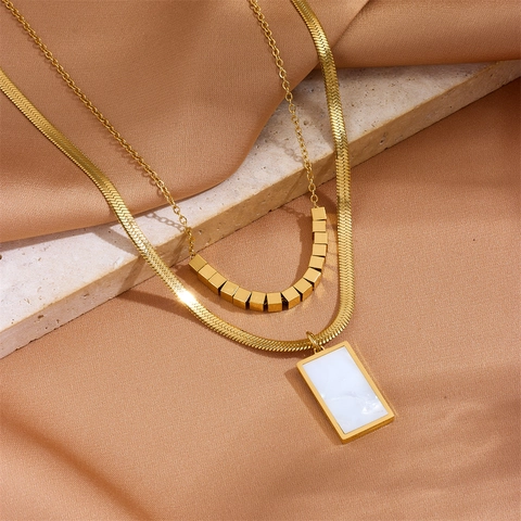 Collar De Acero Inoxidable De Doble Capa Mujer Colgante Rectangular Geométrico Minimalista Chapado En Oro Cadena De Serpiente Joyería