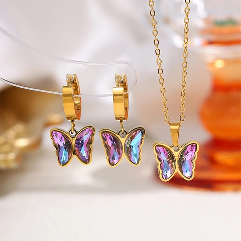 Vlinder Hart Bloem Titanium Stalen Ketting En Oorbellen Kleurrijke Zirkoon Gradiënt Kristal Elegante Sieraden Voor Vrouwen