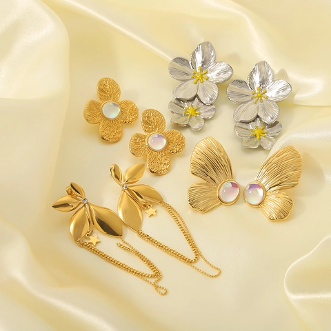Butterfly Flower Leaf Stud Dangle Earrings Stainless Steel 18K Gold Plated Non-fading Jewelry For Women