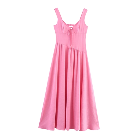 Roze Maxi Jurk Met Bandjes Polyester V-Hals Strik Onregelmatige Zoom Hoge Taille Open Rug Elegant Dames