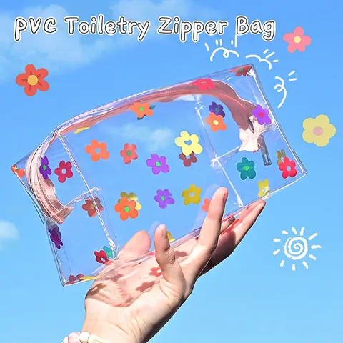 Transparente PVC Kosmetiktasche Wasserdicht Tragbar Reise Kulturbeutel Mit Reißverschluss Blumen Erdbeere Herz Muster