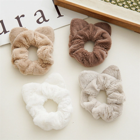 Plush Cat Ear Scrunchies Faux Fur Hair Ties Cute Elastic Ponytail Holder For Women Girls Sweet Simple Hair Accessories