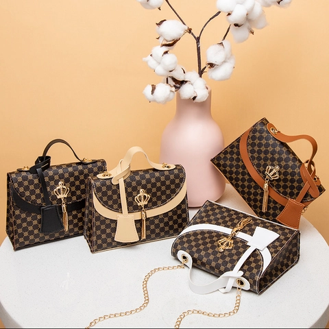 Vintage Women Monogram Small Square Crossbody Bag With PU Leather Top Handle Gold Chain Strap And Crown Tassel Metal Lock