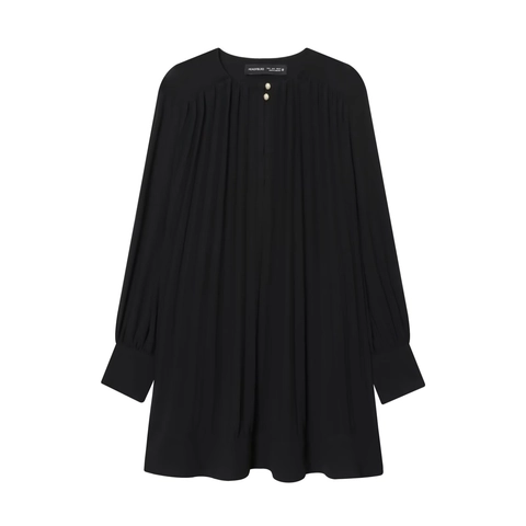 Mini Dress Artificial Pearl Chiffon Pleated Round Neck Lantern Long Sleeve Solid Black Elegant Vacation Style Women