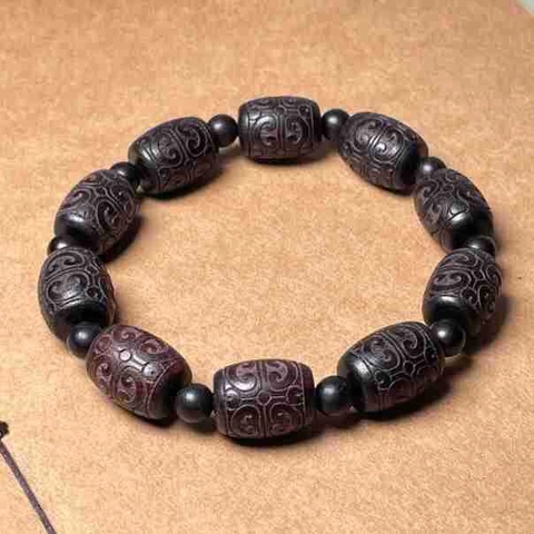 Bracelet Perles Tambour En Bois D'ébène Sculpté Bois Noir Africain Nuage De Bon Augure Style Ethnique Bijoux Bouddhistes