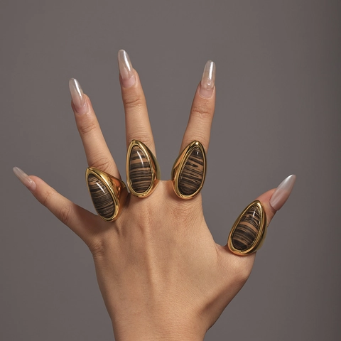 Vintage 18K Vergoldet Edelstahl Ring Mit Wassertropfen Natur Holzmaserung Stein Für Damen Luxus Geometrischer Ring