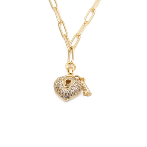 Collar Con Colgante De Corazón Y Llave Cobre Micro Circonia Diamantes De Imitación Cadena De Clip Joyería Hip Hop
