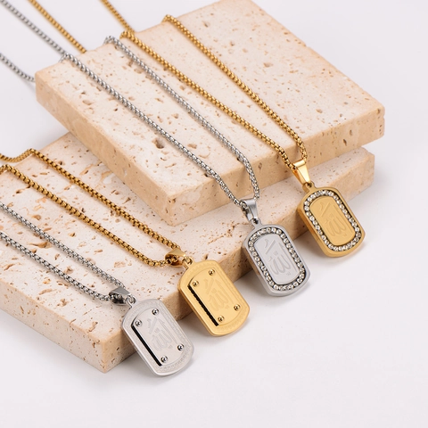 Collar Con Colgante De Caligrafía Árabe De Allah Acero Inoxidable 304 Chapado En Oro De 18K Estrás Placa Cuadrada