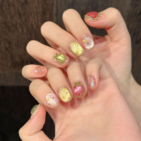 Uñas Postizas De Sandía Para Presionar Pintadas A Mano Verano Ojo De Gato Brillo Lindas Cortas Redondas Cuadradas