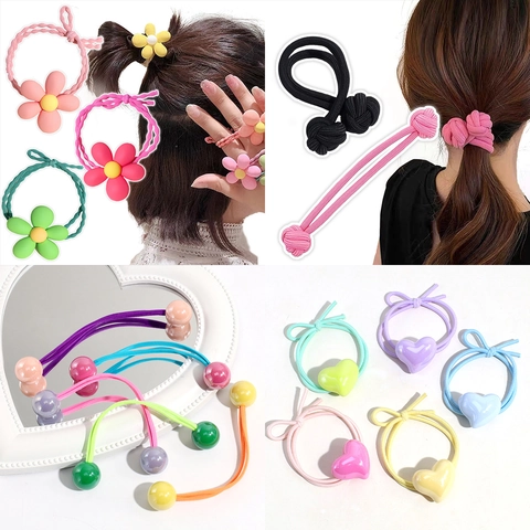 Candy Color Flower Hair Ties High Elasticity Resin Heart Ponytail Holders Sweet Fresh Hair Ropes For Girls And Women