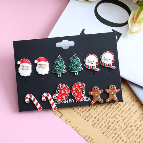 Boucles Oreilles Noël Multicolore Alliage Émail Tige Acier Inoxydable Père Noël Sapin Bonhomme Neige Bijoux Festifs