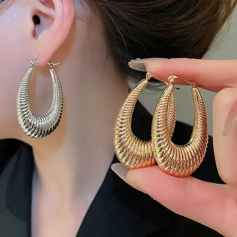 Orecchini A Cerchio In Metallo Spesso A Forma Di U Da Donna Con Perno In Argento Lucido A Specchio Gioielli Moda Retrò