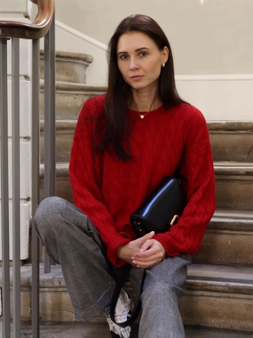 Maglione Trecce Da Donna Girocollo Maniche Lunghe Vestibilità Morbida Vintage Americana Maglia Rosso