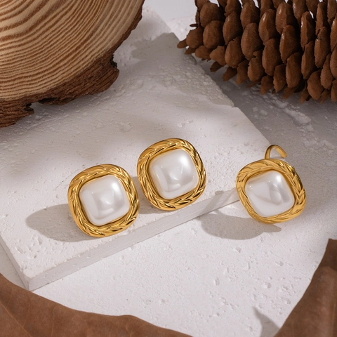 Vintage Square Artificial Pearl Stud Earrings And Ring Stainless Steel Waterproof Hypoallergenic Elegant Jewelry For Women
