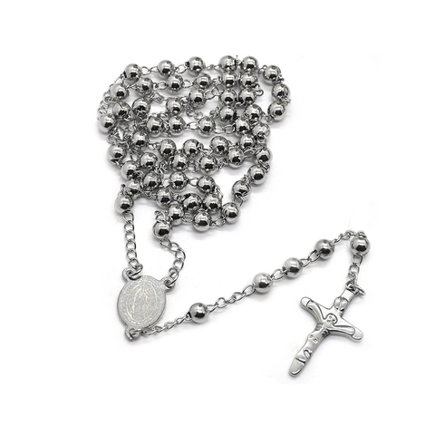 Collana Rosario Cattolico In Acciaio Inossidabile Catena Di Preghiera A Grani Tondi Con Ciondolo A Croce Crocifisso E Medaglia