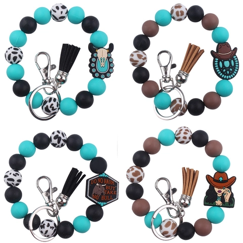 Silicone Beaded Wristlet Keychain Western Cowboy Style Cow Print Bangle With Faux Leather Tassel And Bull Skull Charms