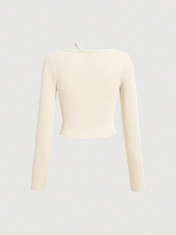 Camiseta De Manga Larga De Punto Acanalado Para Mujer Cuello Oblicuo Asimétrico Ajustado Crop Top Color Sólido Elegante Pullover