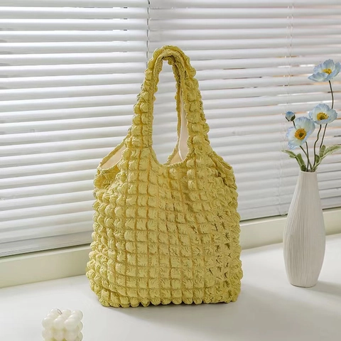 Ins Fashion Pleated Waffle Knit Tote Bag Large Capacity Casual Shoulder Shopping Bag Soft Polyester Handbag For Women