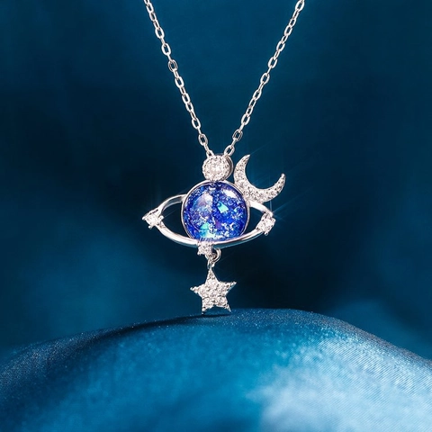 Collana Pianeta Cielo Stellato In Argento Sterling 925 Per Donna Ciondolo Luna Stella Zirconia Gioielli Moda