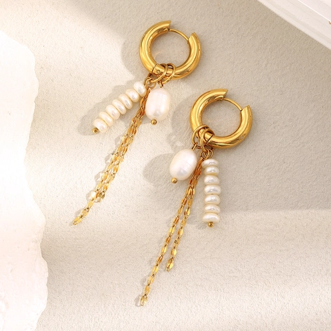 Orecchini Pendenti Con Nappa Di Künstliche Perle D'acqua Dolce Vintage Francese In Acciaio Inossidabile Placcato Oro 18K Per Donna
