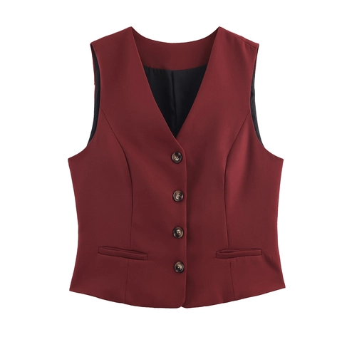 Gilet De Costume Pour Femmes Veste Polyester Col En V Boutons Couleur Unie Vintage Business Casual Bordeaux Doublé