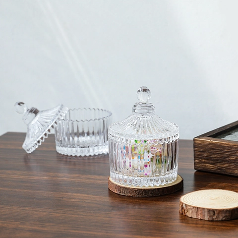 European Glass Candy Jar With Lid Ribbed Embossed Clear Storage Bowl For Sugar Jewelry Snacks Home Decor Elegant Ornament