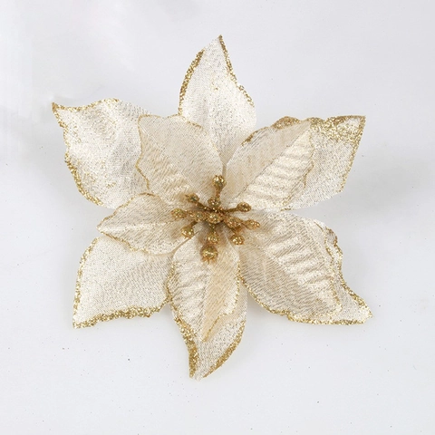 Artificial Poinsettia Flowers PET Fabric Glitter Decoration For Christmas Tree Wreath Holiday Party Home Ornament