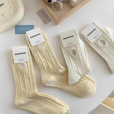 Women Mid Calf Crew Socks Combed Cotton Letter Embroidery Cable Knit Ribbed Soft Breathable Sweet Style