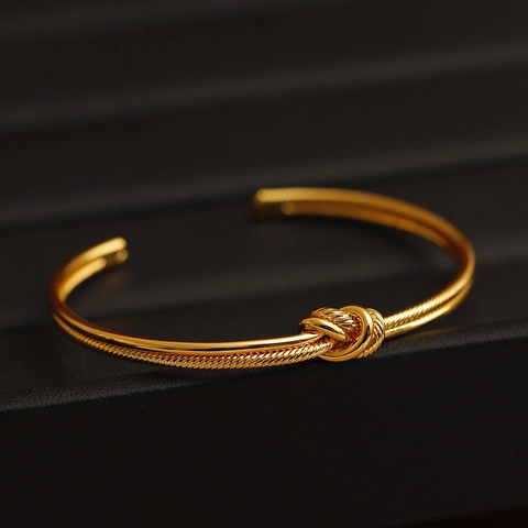 Knoop Open Armband 18K Verguld Messing Gedraaide Touwtextuur Verstelbare Minimalistische Vintage Sieraden