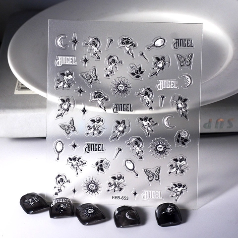 Autocollants Ongles 5D Relief Gothique Ange Chérubin Papillon Lune Étoile Design Rétro Baroque Imperméable Pour Femmes