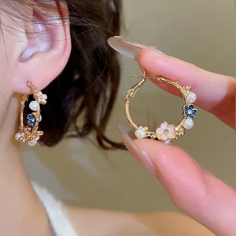 Pendientes De Aro Retro Elegantes Con Flor De Esmalte E Imitación De Perla Artificial Con Poste De Plata De Ley 925 Para Mujer