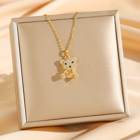 Collana Con Pendente Orso 3D In Acciaio Inossidabile Elegante Delicata Con Strass Incastonati Gioielli Da Donna