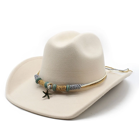 Western Cowboy Hut Filz Wollmischung Geflochtenes Band Seestern Anhänger Breite Krempe Böhmischer Ethno Stil