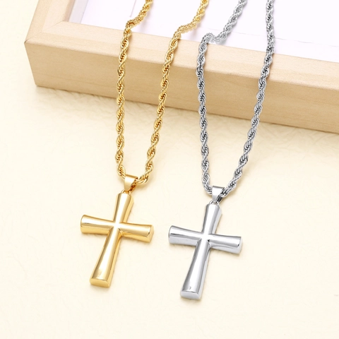 Collier Pendentif Croix Cuivre Plaqué Or 18K Poli Chaîne De Corde Bijoux De Mode Religieux Minimalistes Pour Hommes Femmes