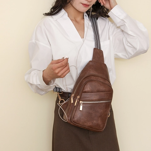 Women Chest Bag PU Leather Crossbody Sling Bag Retro Fashion Wide Geometric Strap Multi Zipper Casual Outdoor Travel