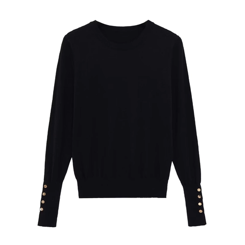 Pull Femme Col Rond Manches Longues Haut En Maille Avec Poignets À Boutons Dorés Coupe Ajustée Élégante Blouse Douce