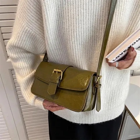 Vintage Women Shoulder Bag Glossy PU Oil Leather Flap Gold Buckle Crossbody Purse Retro Minimalist Commute Square Bag