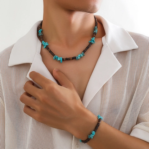Men Necklace And Bracelet Coconut Shell Turquoise Tiger Eye Beaded Bohemian Ethnic Hip Hop Jewelry Accessory